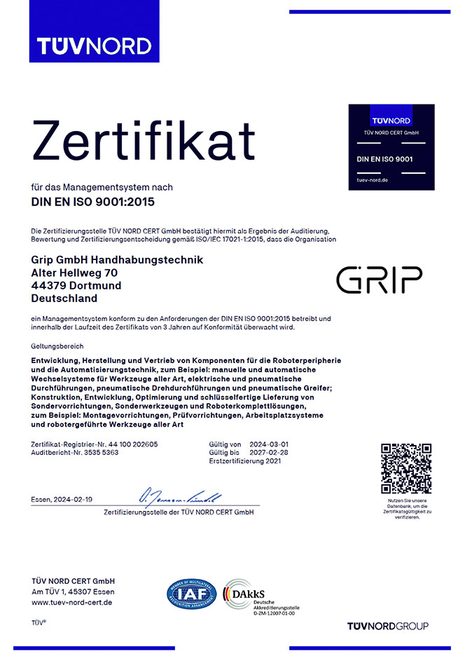 Grip GmbH ISO-9001 Zertifikat